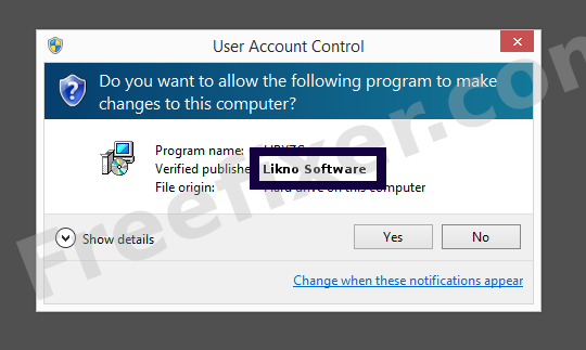 Screenshot where Likno Software appears as the verified publisher in the UAC dialog